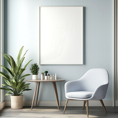 realistic photograph wall mockup simple white blank wall nail salon things on table top and plant chair in corner colorful