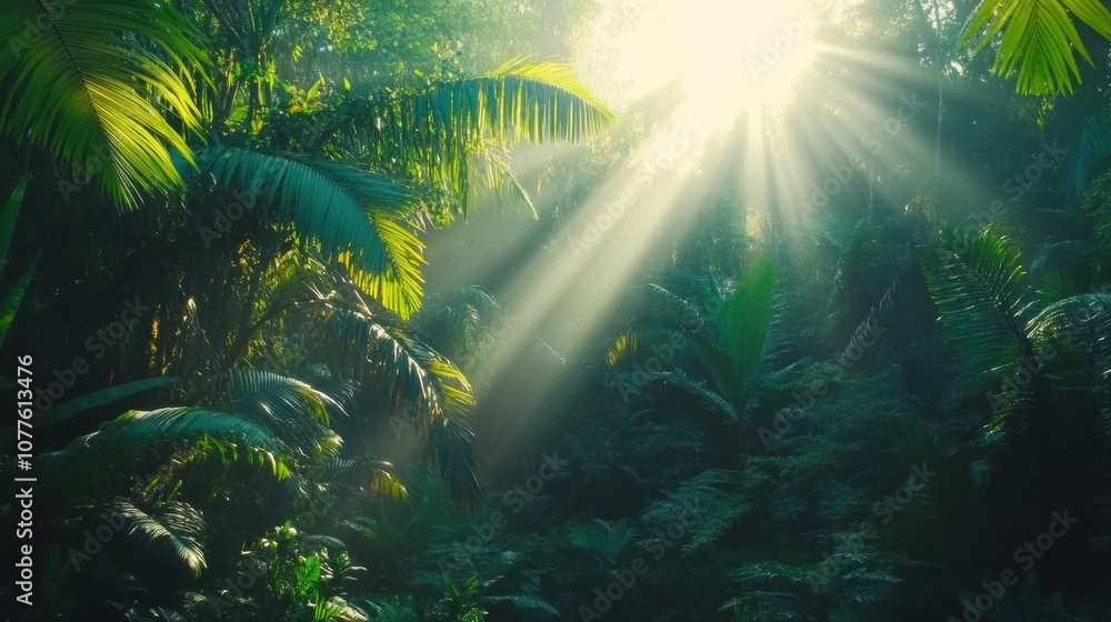 Poster Sunlight streams through dense foliage in a tropical forest, illuminating vibrant green leaves and casting soft shadows on the ground. Generative AI