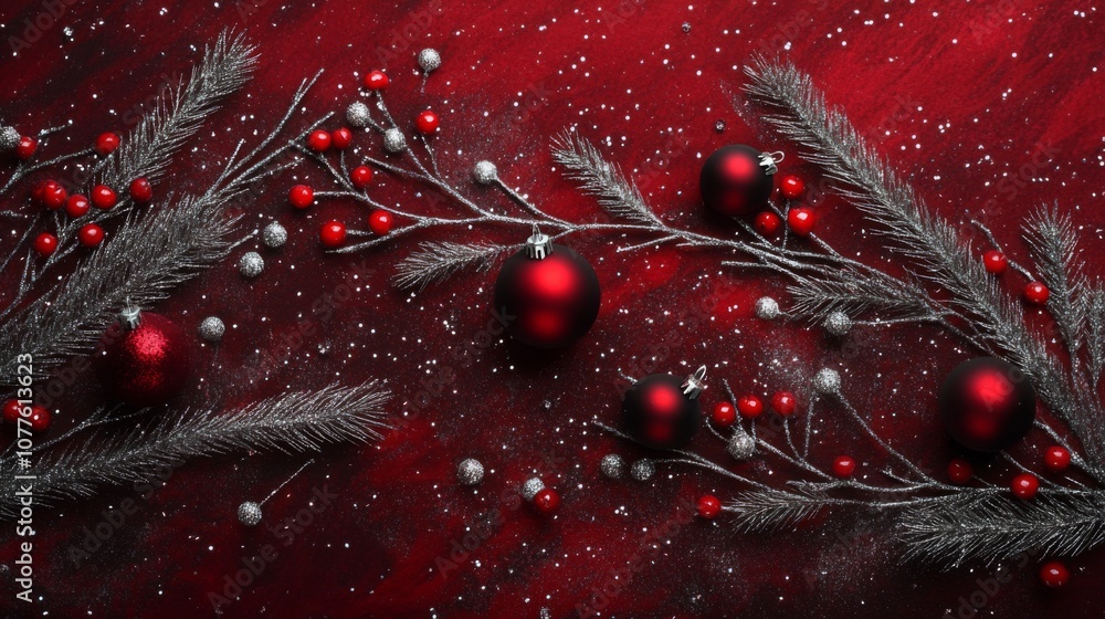 Poster a decorative display features vibrant red and silver ornaments interspersed with lush berries and ev