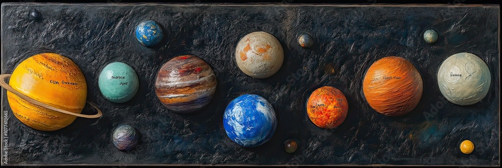 Poster a model of the solar system with planets displayed on a black background.