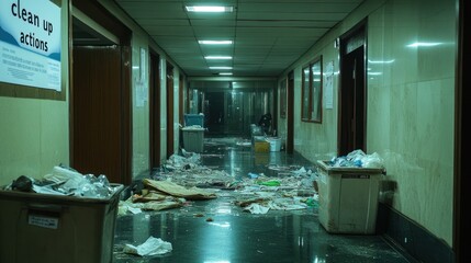 A messy hallway with trash and garbage overflowing from bins, with a "clean up actions" sign on the wall.