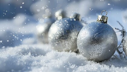 close up of silver baubles in a snowy scene
