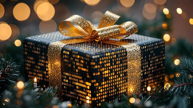 Gift box with golden binary code pattern and ribbon, festive bokeh background. Holiday celebration and technology concept
