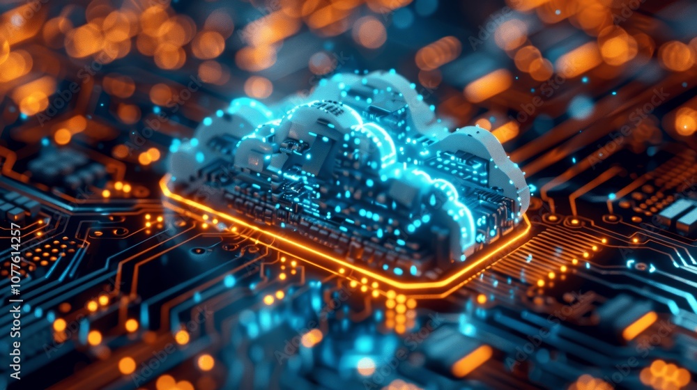 Poster blue glowing clouds on circuit board representing cloud computing, big data transfer and storage, di