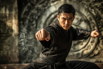 Asian male martial artist in a dynamic pose with intense focus, wearing a traditional black uniform against a textured stone background.