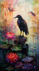 Obraz premium Crow Perched on a Rock in a Pond with Water Lilies