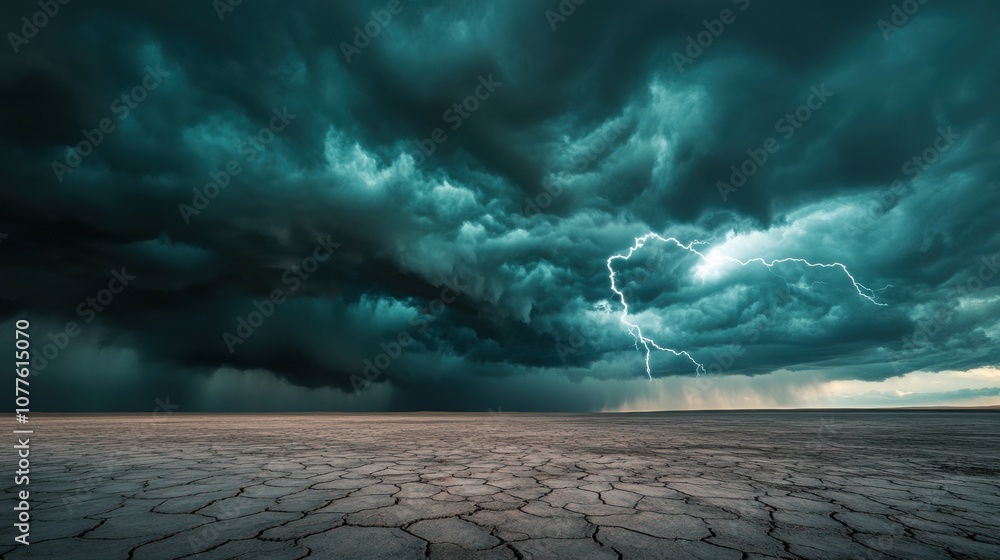 Poster dark clouds gather ominously over an arid desert, with cracks in the dry earth and flashes of lightn