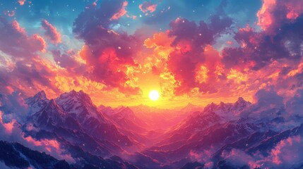 Fototapeta premium A vibrant sunrise over snow-capped mountain peaks, casting a warm glow over the clouds below.