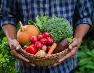 Fototapeta premium a farmer holding a wooden tray full of freshly picked organic vegetables