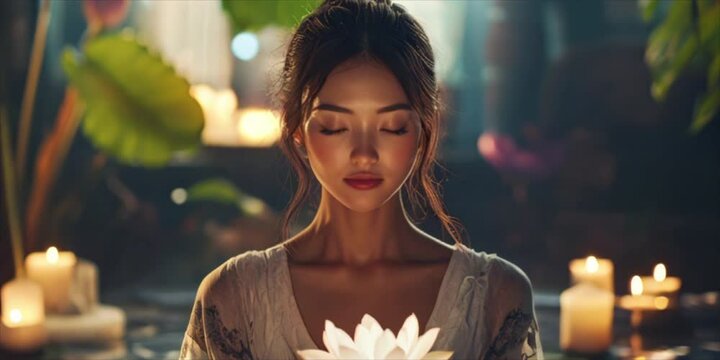 Beautiful young Asian woman sitting with her eyes closed while meditating. Lady in meditation practicing yoga surrounded by burning candles and lotus flowers 