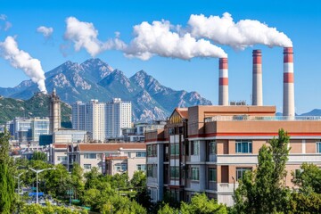 Obraz premium Industrial pollution affects urban landscapes and nature in mountainous regions