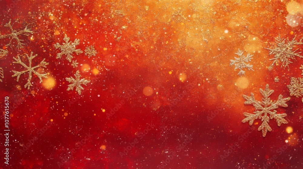 Poster a red and orange background with an ombre effect, with several gold snowflakes scattered on it. ther