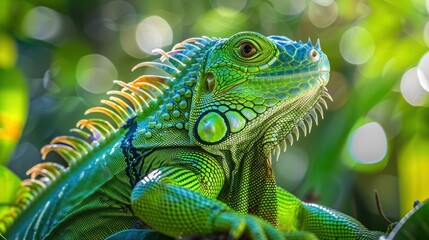 Fototapeta premium A close-up of a green iguana showcasing its textured scales, sharp spines, and intricate patterns. The iguana's piercing eyes and calm expression stand out against a blurred, natural background.