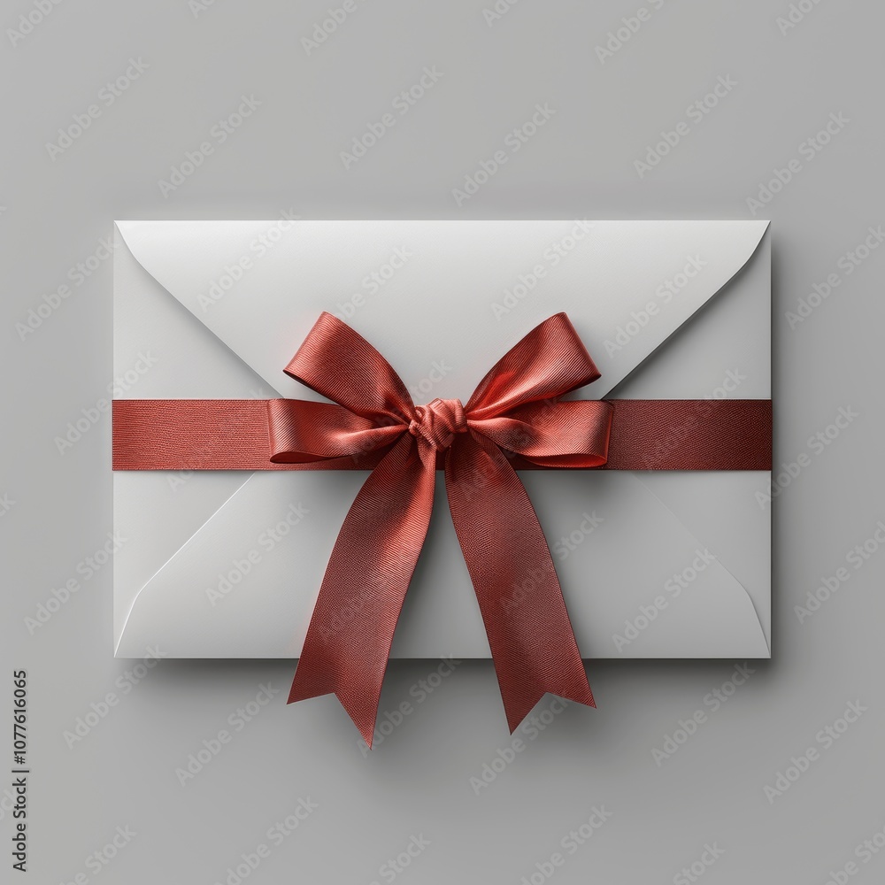 Poster white gift card with red ribbon in red envelope on grey background 3d rendering
