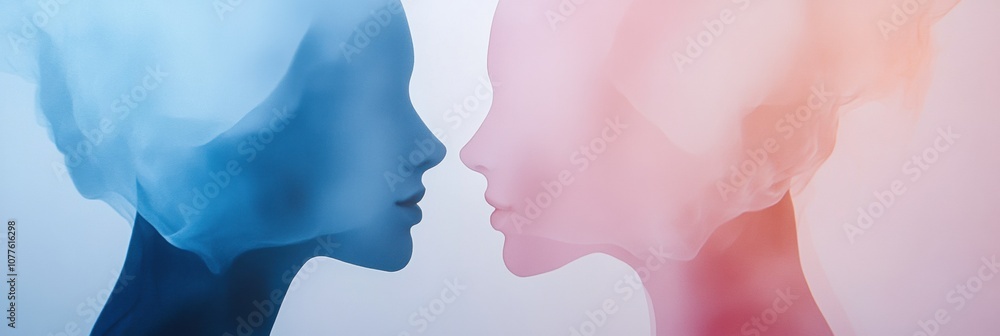 Leinwandbilder Silhouettes of two faces merge in soft pastel colors, symbolizing the deep connection and understanding shared between individuals. Generative AI