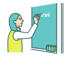 授業のワンシーン。黒板に答えを書く女子高生。学ぶ学生のベクターイラスト素材。