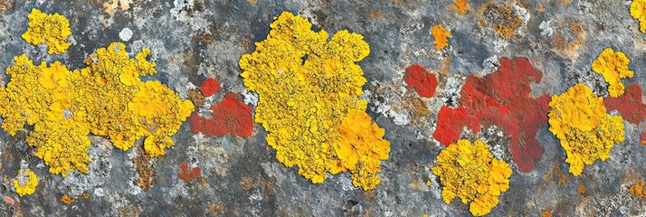 Abstract yellow and red lichen pattern on rock.