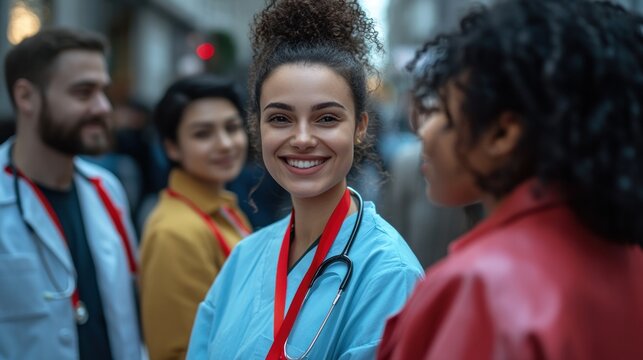A smiling female doctor in blue scrubs and a stethoscope around her neck, standing with her colleagues.