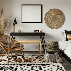 Creative composition of room interior with mock up poster frame black desk cozy bed rattan chair patterned rug wooden bench stylish lamp rack and personal accessorie