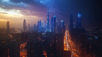 Fototapeta premium Dubai Skyline at Dusk: A City of Lights and Shadows