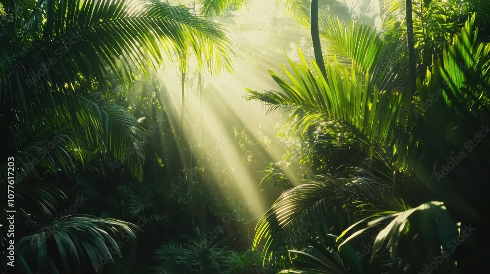 Aufkleber Soft rays of sunlight penetrate the dense foliage of a tropical forest, illuminating vibrant greenery and creating a tranquil setting. Generative AI
