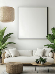 Modern styled room with plants and couch and a large framed blank canvas on wall
