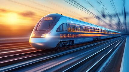 Naklejka premium High Speed Train at Sunset, bullet train, railway, railroad, transportation, travel