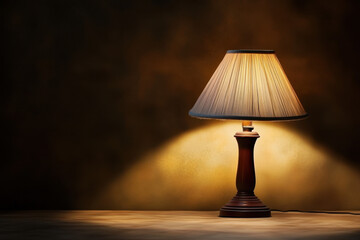 A warm, dimly lit table lamp with a wooden base and pleated shade casting a soft glow against a dark background.