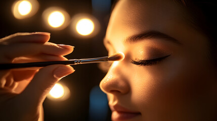 Fototapeta premium Close-up of Makeup Artist Applying Eyeshadow with Brush, beauty, cosmetics, eye shadow, professional, glamour