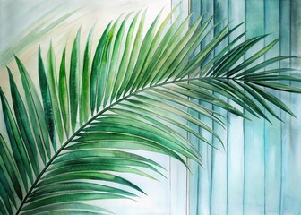Green palm with reeded glass. Summer concept with blurred luxury wall. White Reeded Glass. Ribbed Background. Plant leaves. Pure aesthetic behind frosted panel for modern beauty illustration.