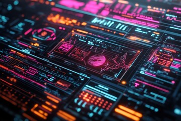 Abstract futuristic digital interface with glowing lines and data, showing a globe in the center.