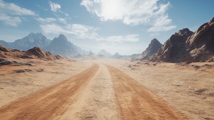 Surreal desert landscape with winding sand road shimmering horizon