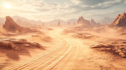 Naklejka premium Surreal desert landscape with winding sand road shimmering horizon