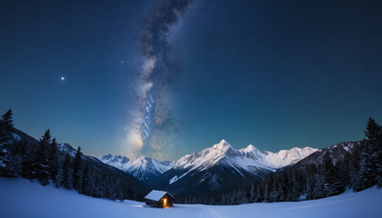 Starry Night over Snowy Mountain Range with Moonlit Peaks and Milky Way Sky