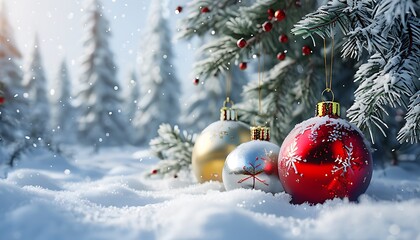 christmas ornaments in a snowy forest