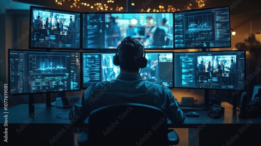 Poster a man wearing headphones sits in front of six computer monitors displaying data and graphs in a dark