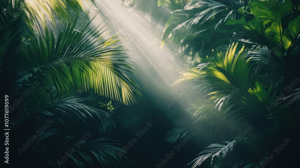 Poster sunlight pierces the dense canopy of a tropical forest, illuminating green leaves and creating a tra