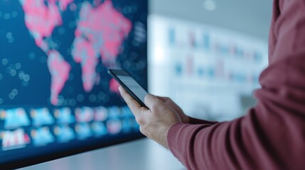 Man viewing world map on smartphone, red data visualization, global analytics, technology-driven solutions, modern tools, interactive workspace


