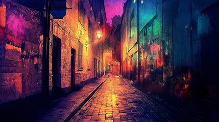 jazz, brighter, happy, white tone, alley road, no people, street lamp, colorful, summer night ,generative ai