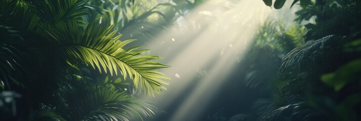 The warm sunlight streams through dense foliage, illuminating the vibrant greenery of the tropical forest in the morning. Generative AI