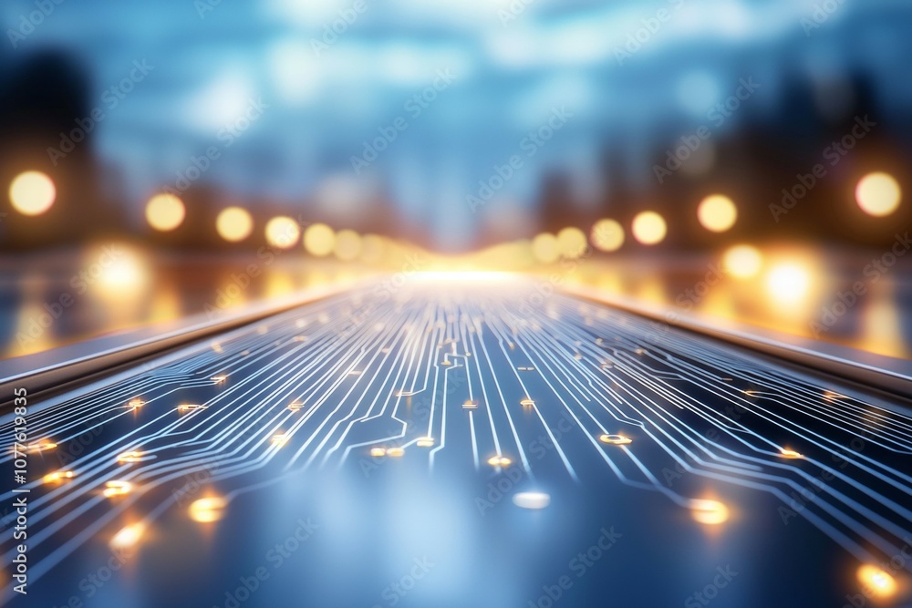 Poster a computer chip is shown in a blurry image with a blue background