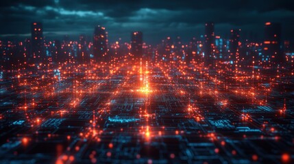 Fototapeta premium Futuristic cityscape with glowing data grid and skyline.