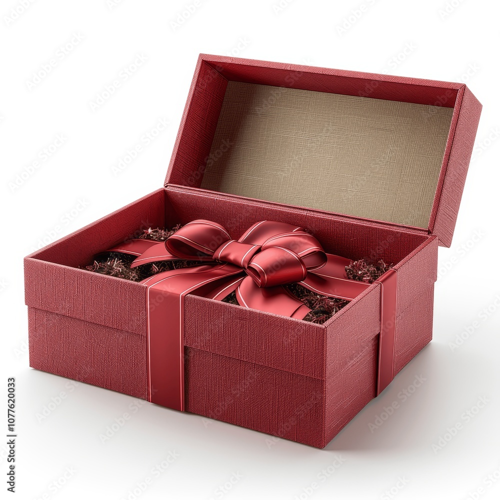 Poster 3d render of red gift box with open lid and bow on white background