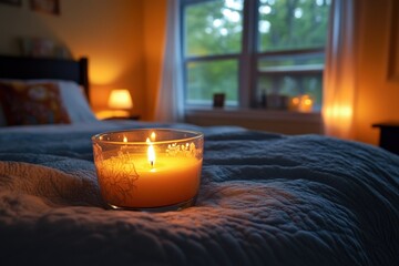 Scented candles burning a freshly cleaned and organized bedroom