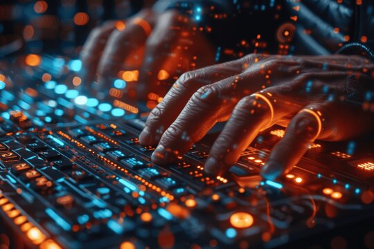 Closeup of hands typing on laptop, developer coding in software development using programming language
