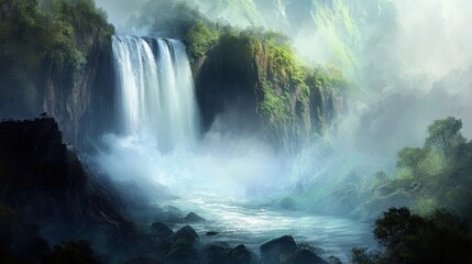 Majestic Waterfall in Misty Mountain