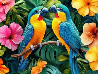 Obraz premium Brightly Colored Parrots Perched on Branch