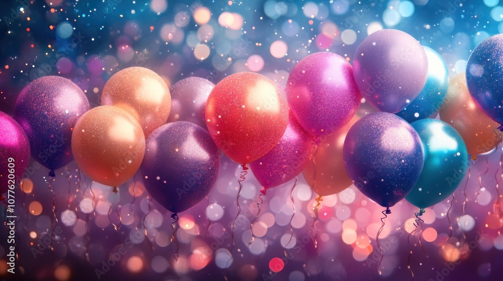 Poster a cluster of colorful balloons with confetti on a sparkling background.