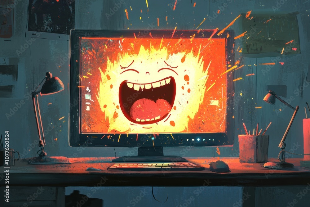 Poster a cartoon face explodes from a computer screen with sparks and laughter.
