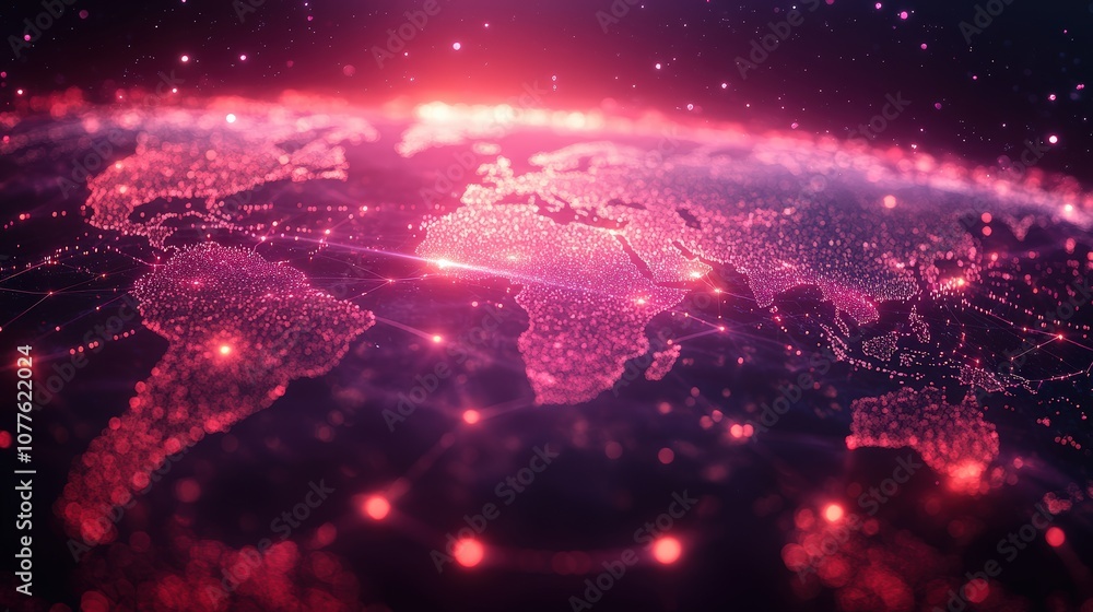 Poster futuristic glowing world map with network lines illustrating global digital communication and connec